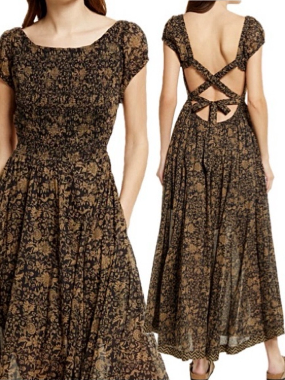 Free People Ultraviolet Maxi Dress Size XS Floral Print Puff Sleeve Cross Back